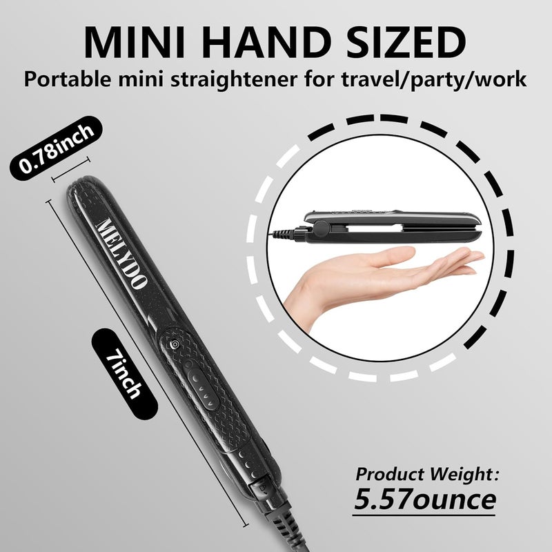 MELYDO Mini Flat Iron, Ceramic Tourmaline Small Hair Straightener for Short Hair/Bangs, Dual Voltage Travel Hair Straightener, Portable Mini Straightener with Storage Pouch(Black) - Image 3